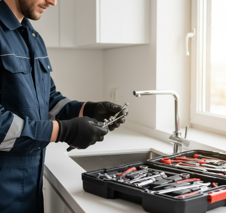 Professional plumber working on residential plumbing